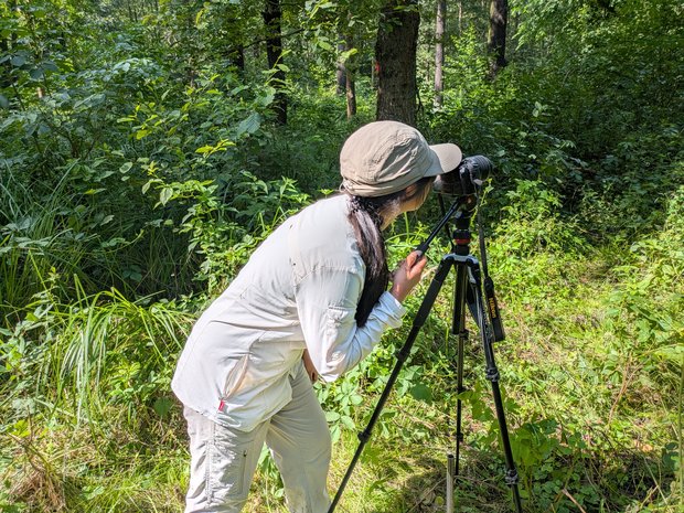  Ngoc Anh steht im Wald und nimmt ein Foto mit einer Kamera auf