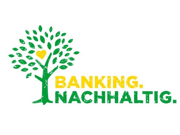 Grafik von grünem Baum mit gelbem Herz und Schriftzug: Banking. Nachhaltig.