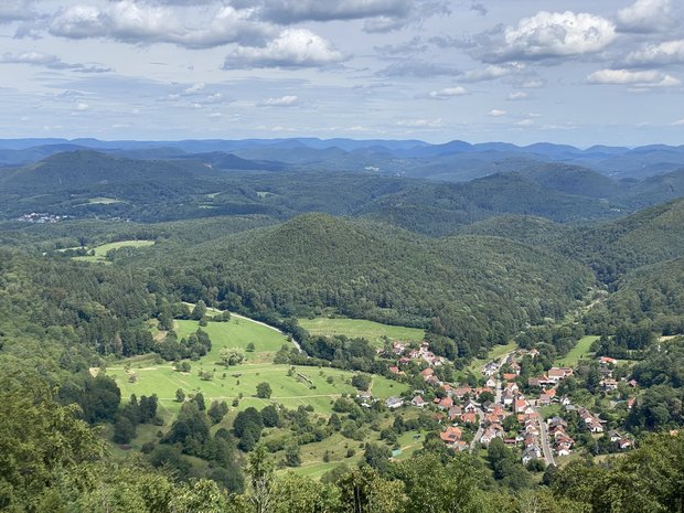 Blick über Waldflächen und eine Siedlung des Pfälzerwaldes von einer Anhöhe aus.
