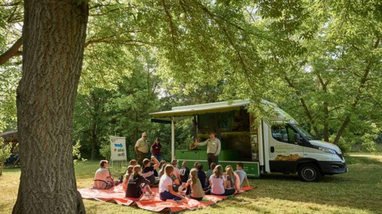 Kinder sitzen in einer Schule im Freien vor einem mobilen Klassenzimmer in Form eines Vans