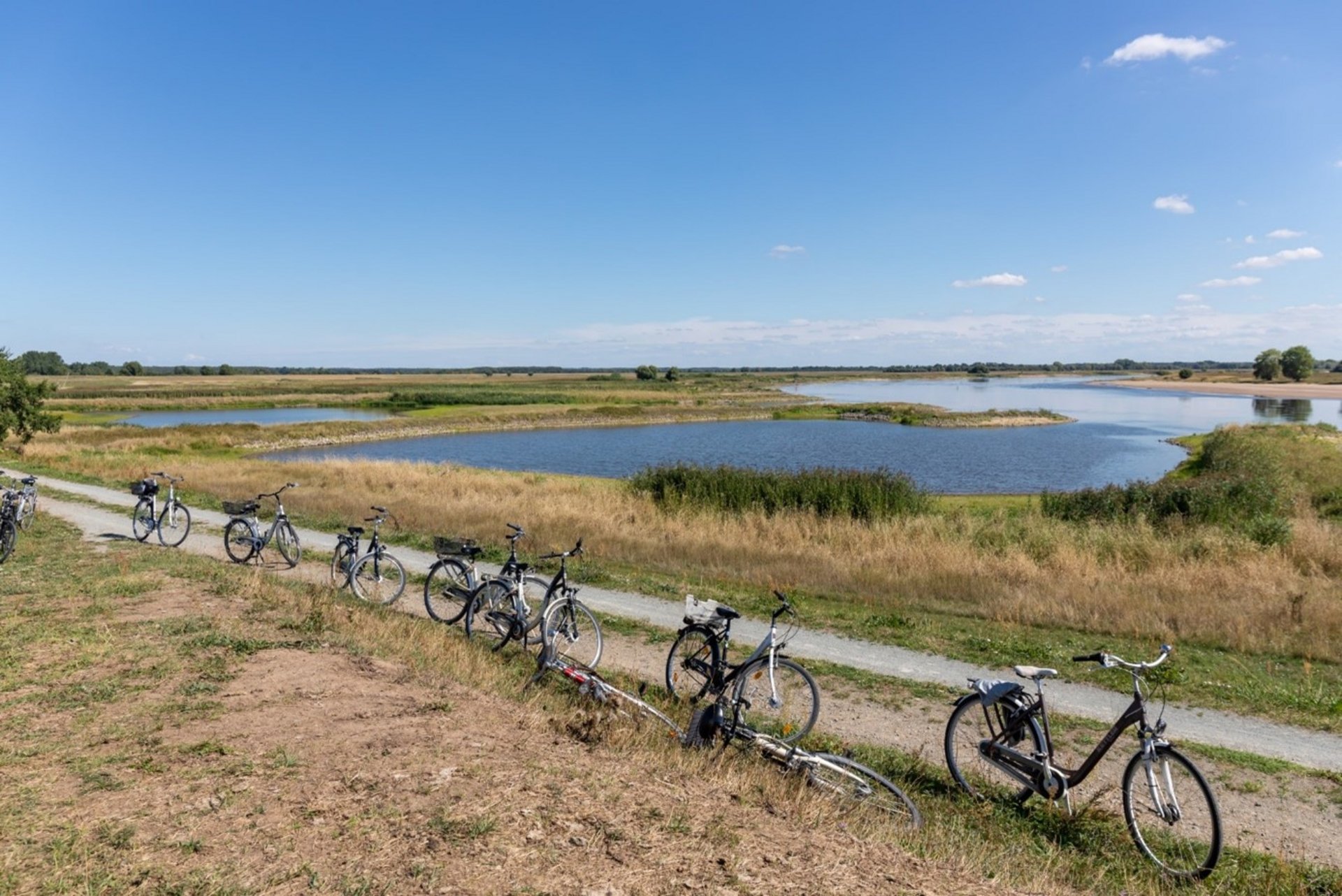 Fahrräder stehen an einem Feldrand mit kleinen Seen im Hintergrund. 