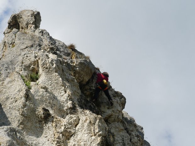 Blick auf Alexander Huber, welcher eine Felswand nach oben klettert. 