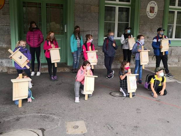 Kindergruppe mit selbstgebastelten Fledermauskästen (Foto: Samira Busch) Kindergruppe mit selbstgebastelten Fledermauskästen (Foto: Samira Busch)